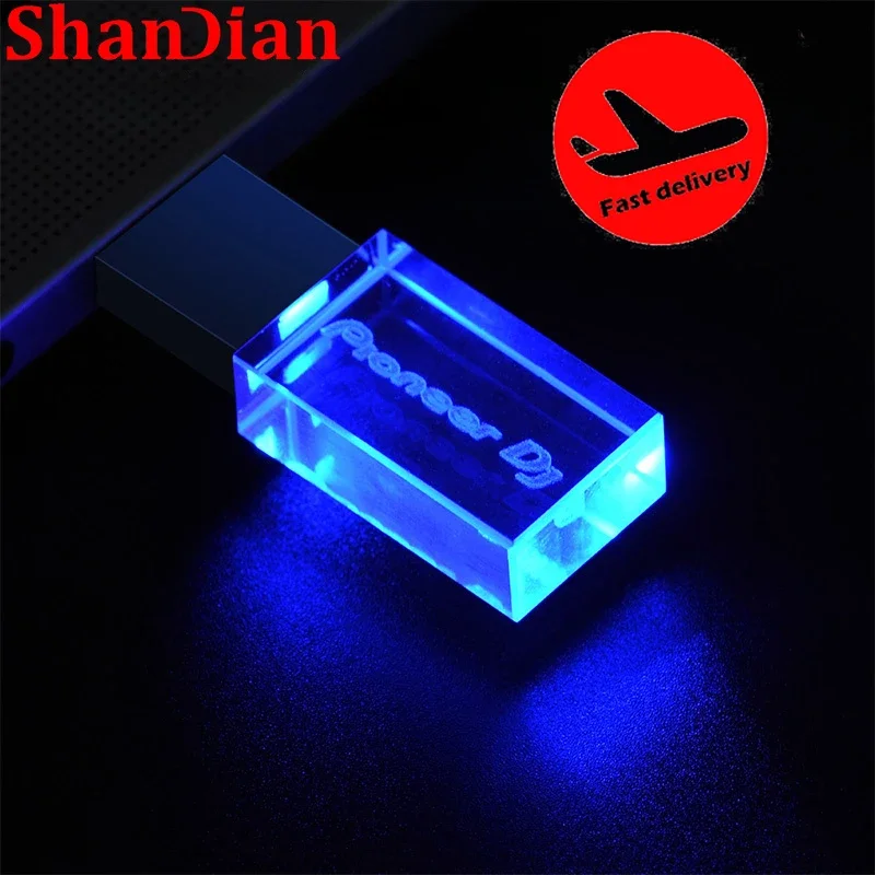 SHANDIAN Kleur LED Crystal USB Flash Drive 64GB 32GB Creatief Wordt geleverd met Logo Pen Drive Fotografie Verjaardagscadeau Memory Stick