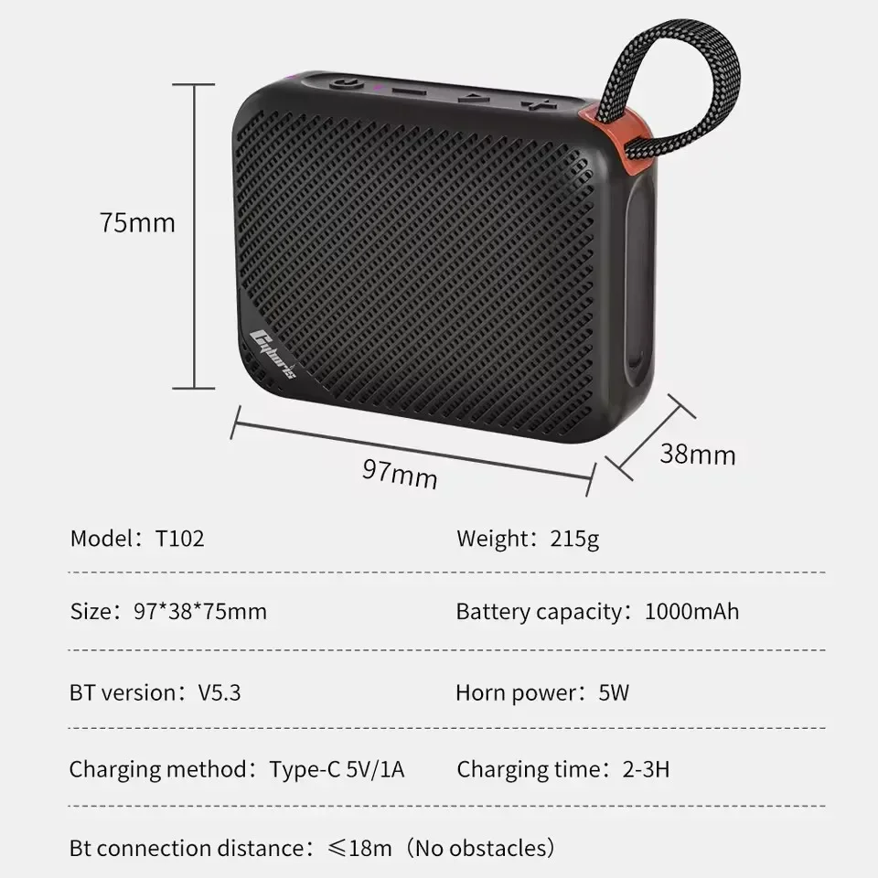 

Cybori T102 Портативные Bluetooth 5.3 колонки 5 Вт Водонепроницаемый беспроводной динамик с TWS/светодиодной подсветкой/звонком громкой связи для улицы/вечеринки