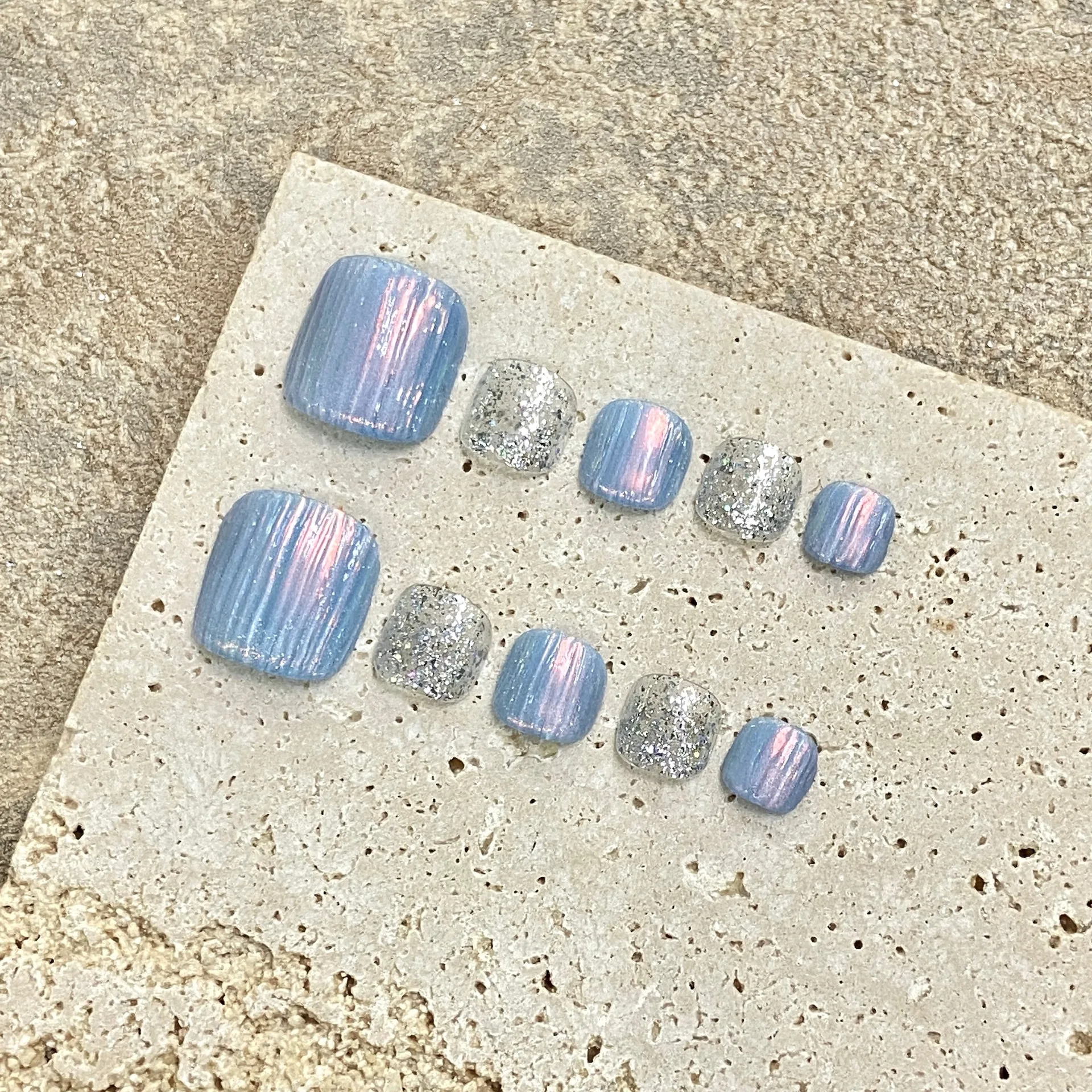 10Pcs Summer False Toenais Handmade Glossy Blue Press On Nail Short Reusable Manicure For Women Girls Full Cover Nail Tips Art