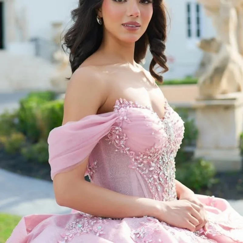 

Shiny Pink Quinceanera Dress Lace layering crystal glitter decal Long tail Tull Bow vestidos de 15 Quinceanera ﻿Customized
