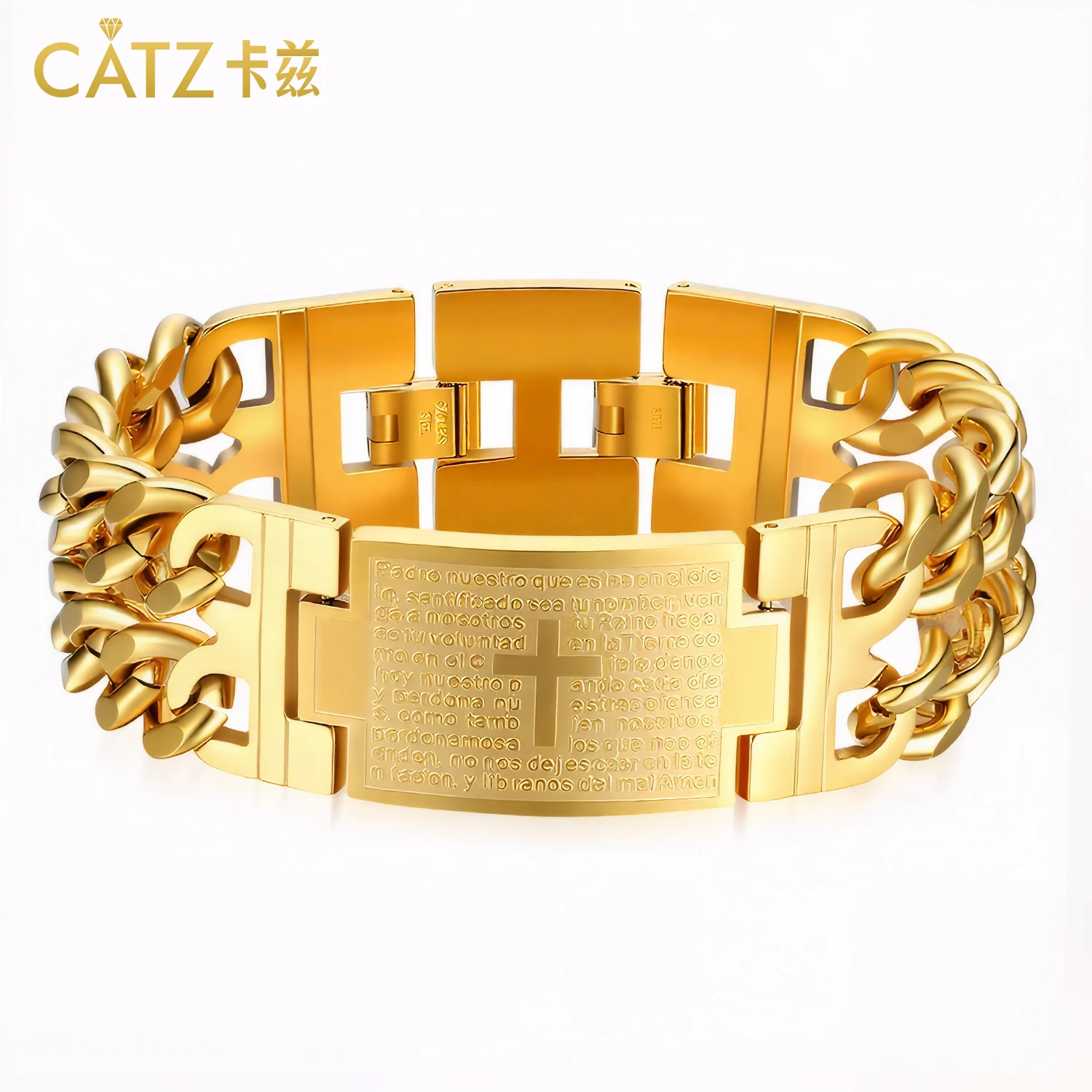 

CATZ 316l Stainless Steel Men'S Cross Bracelet I Love Jesus 23mm Wide English Bible Lord'S Prayer Cuban Chain Father'S Day Gift