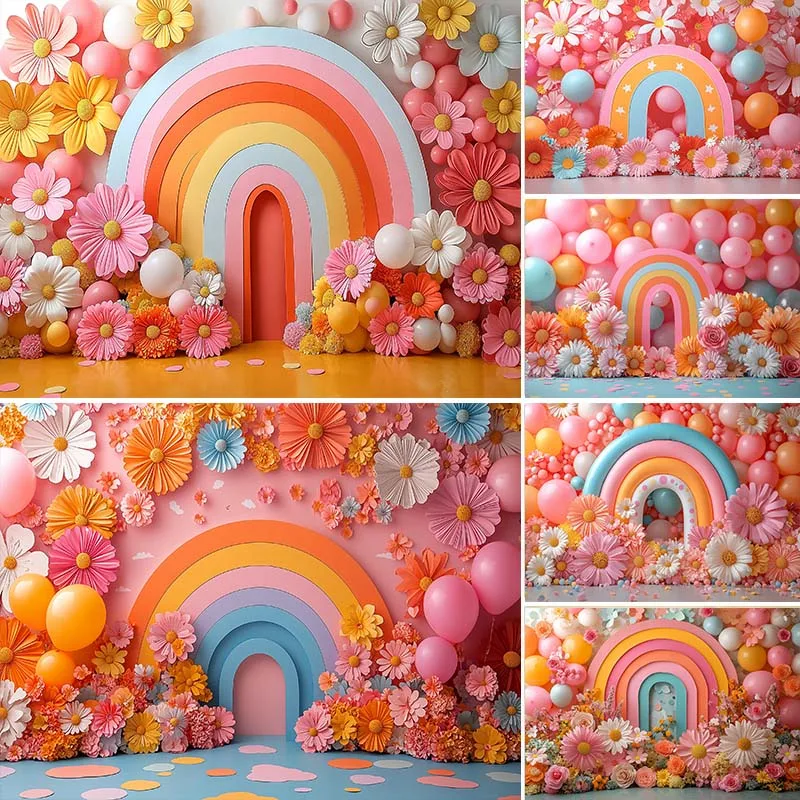 

LS Photography Background Colorful Floral Arch Rainbow Daisy Balloon Decor Newborn Shower Child Birthday Photo Backdrop Studio