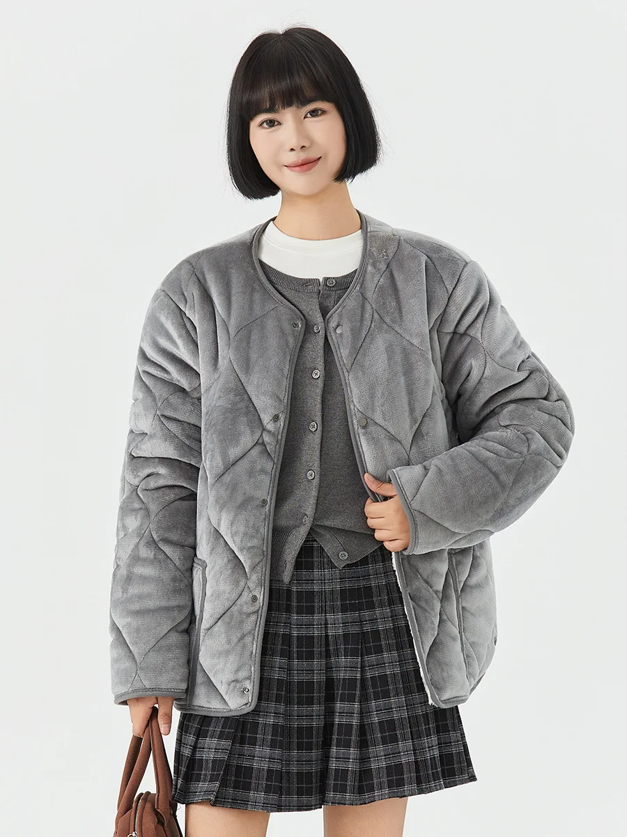 Winter Simple Fleece Coat For Women Solid Color Round Neck Thicken Velvet Jacket American Casual Fashion Quilted Warm Overcoat