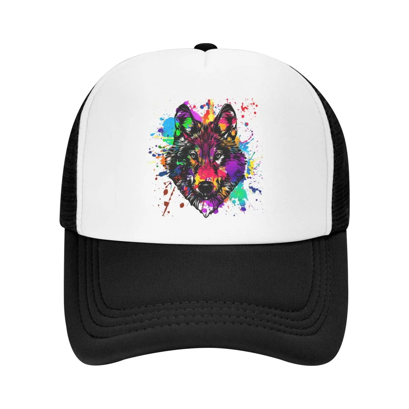 

Paint Splatter Wolf Trucker Hat Mesh Back Adjustable Funny Gift Baseball Snapback Cap for Men Women