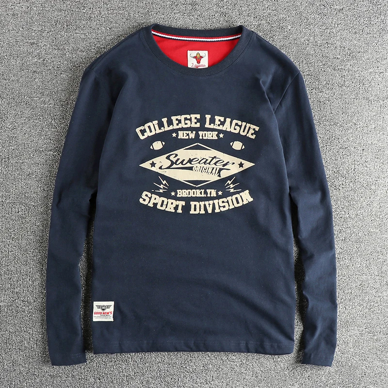 

Autumn new baseball letters retro pattern long sleeve T-shirt men's wash wool cotton comfortable casual base shirt