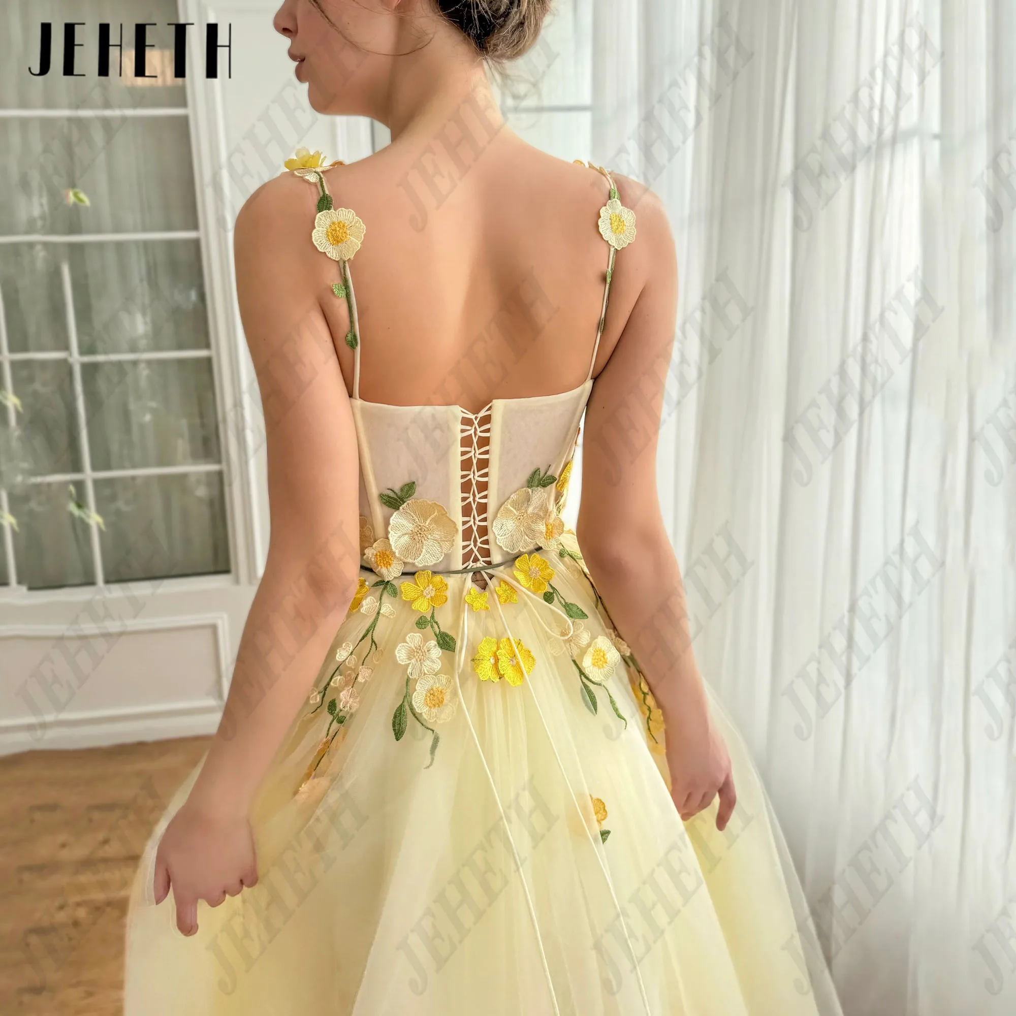 JEHETH Prom Party Gowns Sweetheart Spaghetti Straps A-Line 3D Flowers Ankle Length Sleeveless Tulle Formal Occasions Dress