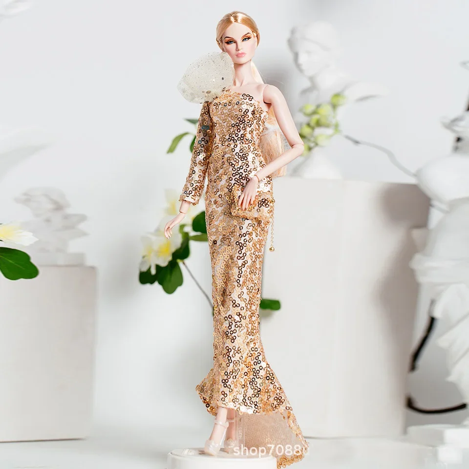 Ornate dress gown / golden clothing set + shoes / 1/6 Doll clothes suit outfit accessories for 30cm Xinyi Fr2 ST PP Barbie Doll