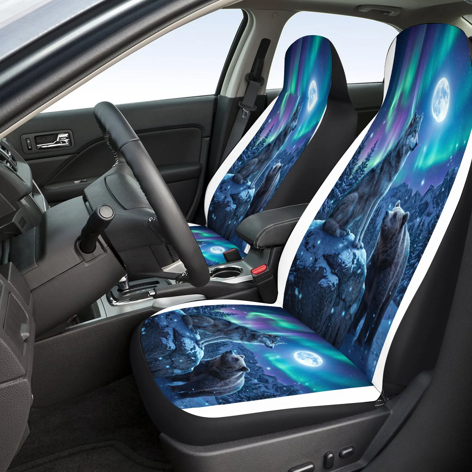 Wolf Bear Aurora Moon Themed Car Seat Cover Set For Most Cars Trucks, Trendy Breathable Car Seat Protector Covers Full Set, Univ
