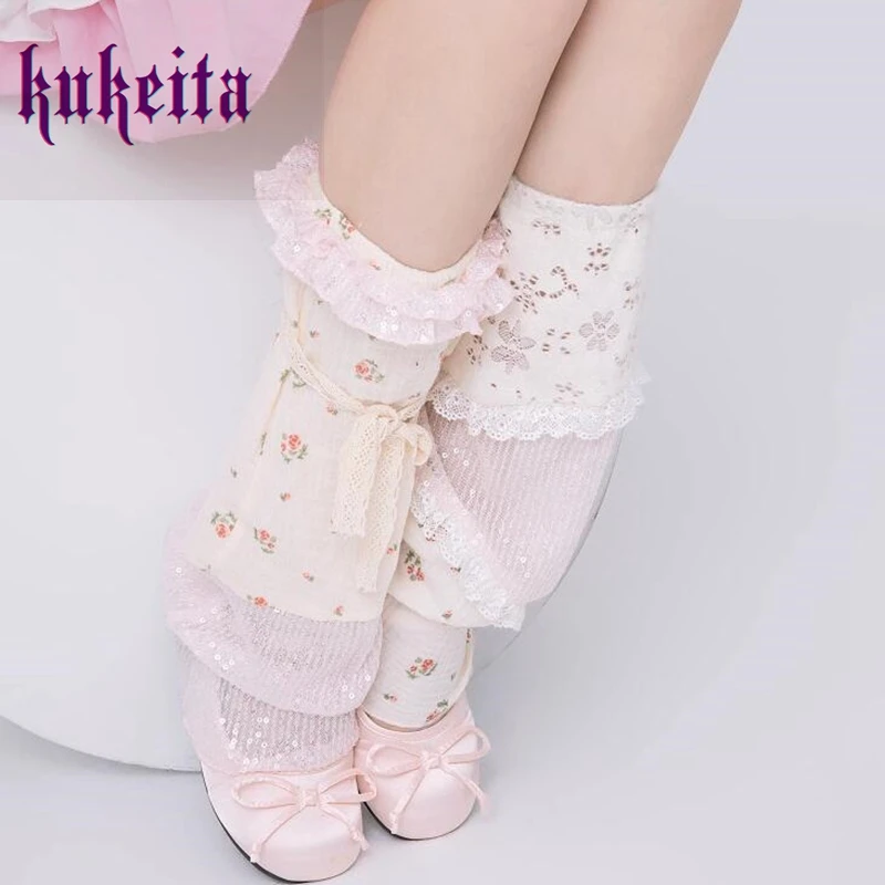 

Kukeita Harajuku Women Sweet Pink Lace Leg Warmer Socks Y2k Aesthetic Lolita Kawaii Floral Sequin Lace-up Leg Cover Boots Socks