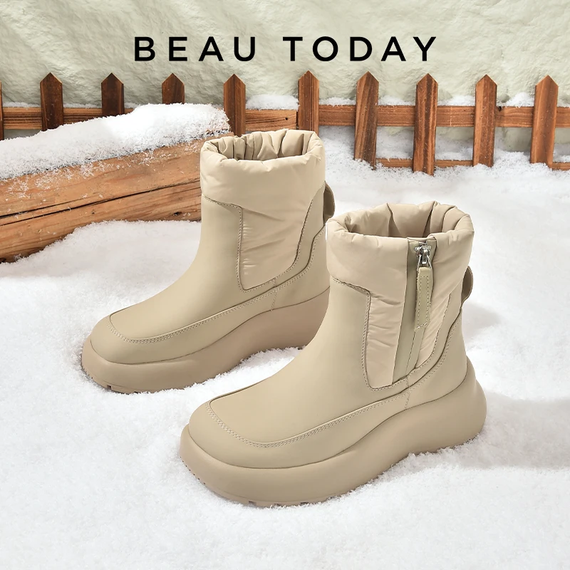 

BEAUTODAY Snow Boots Women Genuine Leather Round Toe Non-Slip Waterproof Solid Color Neutral Winter Ladies Shoes Handmade 08047