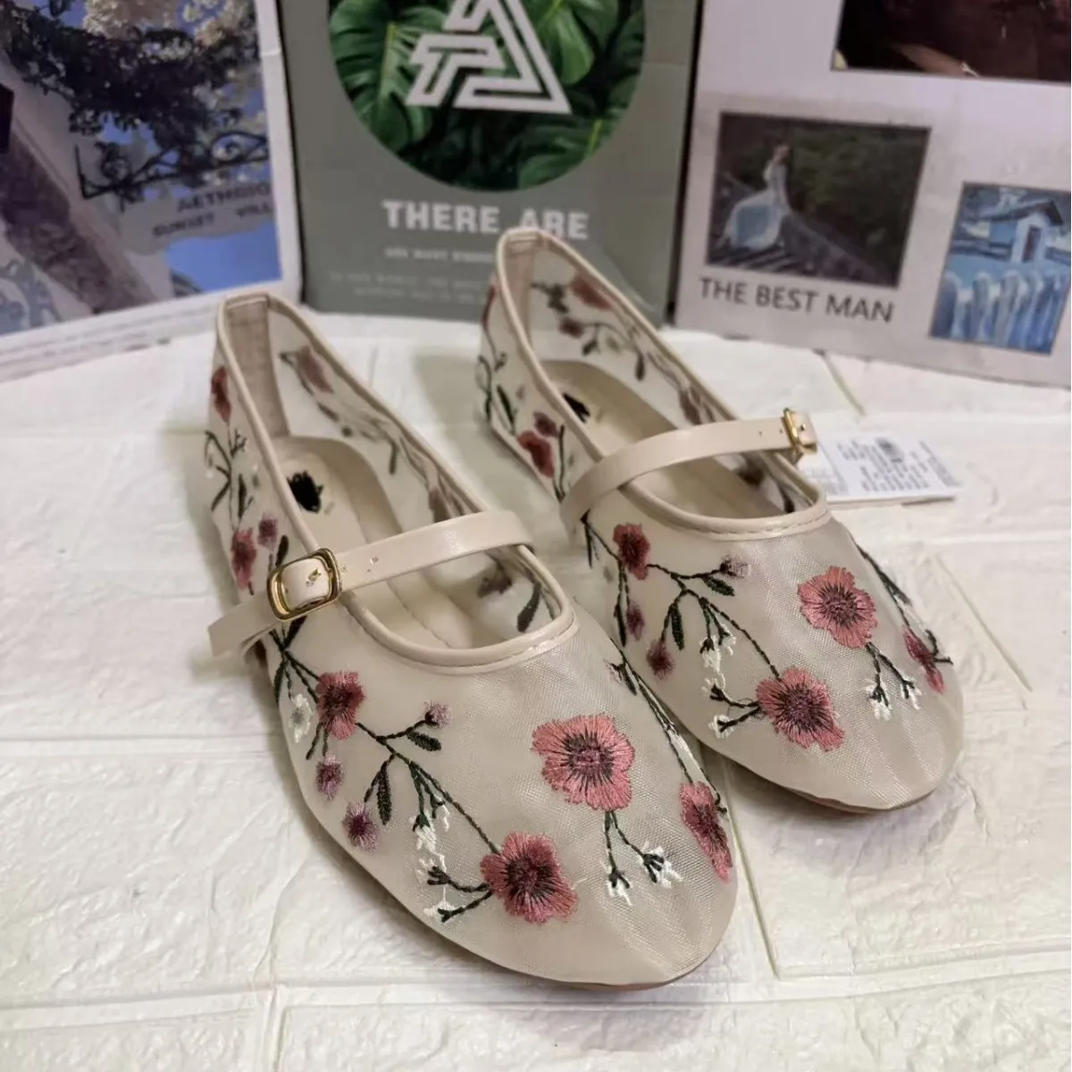 Chino tradicional malha bordado flor ballet apartamentos feminino luz respirável mary jane sapatos confortáveis sapato casual