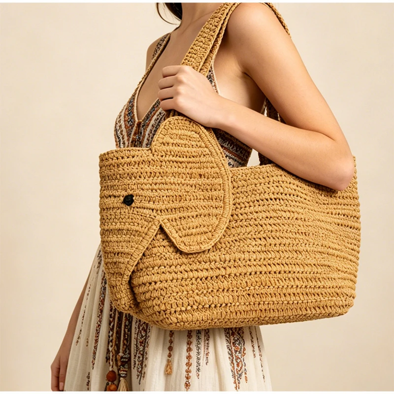 Elefantenförmige Raffia Handgewebte Strohtasche, Damen Schultertasche, Sommer Strand Urlaub Seaside Casual Tragetasche, Leichtgewichtig – Detail 23