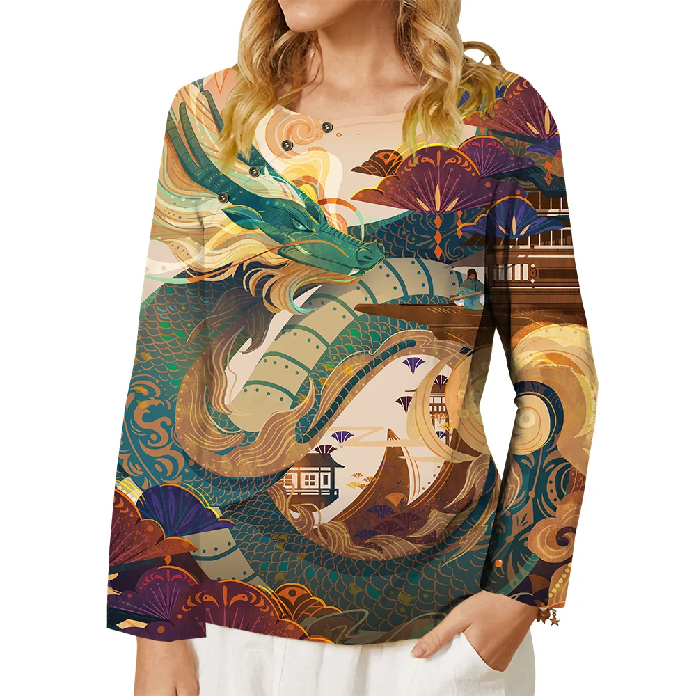 CLOOCL Women Long Sleeve T-shirt Dragon Genre Painting Pattern 3D Printed Button Decorate Crew Neck Tee Autumn Oversized Tops