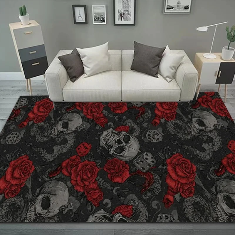 VIKAMA Gothic Skull Rose Snake Area Rug Non‑slip Dark Retro Dice Pattern Carpet For Living Room Bedroom Home Decor