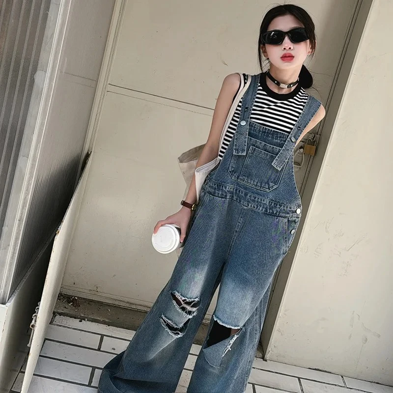 

Fashion Overalls Streetwear Kids Denim Suspenders Pants With Strap Elegant Children Jeans Jumpsuit with Broken Holes For Girls
