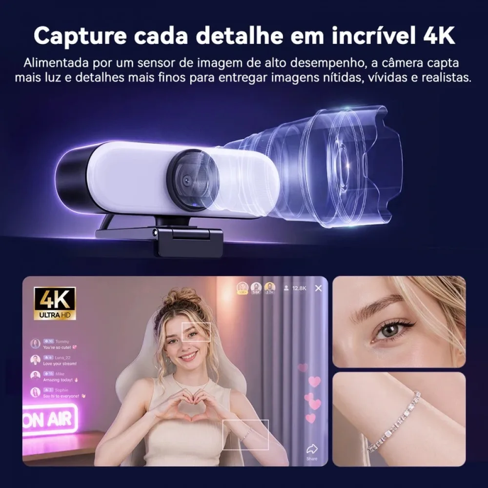 4K 2K 1080P Webcam with Fill Light, Adjustable Brightness, 73° FOV, 8MP Autofocus PC Camera for Streaming Gaming Video Calls