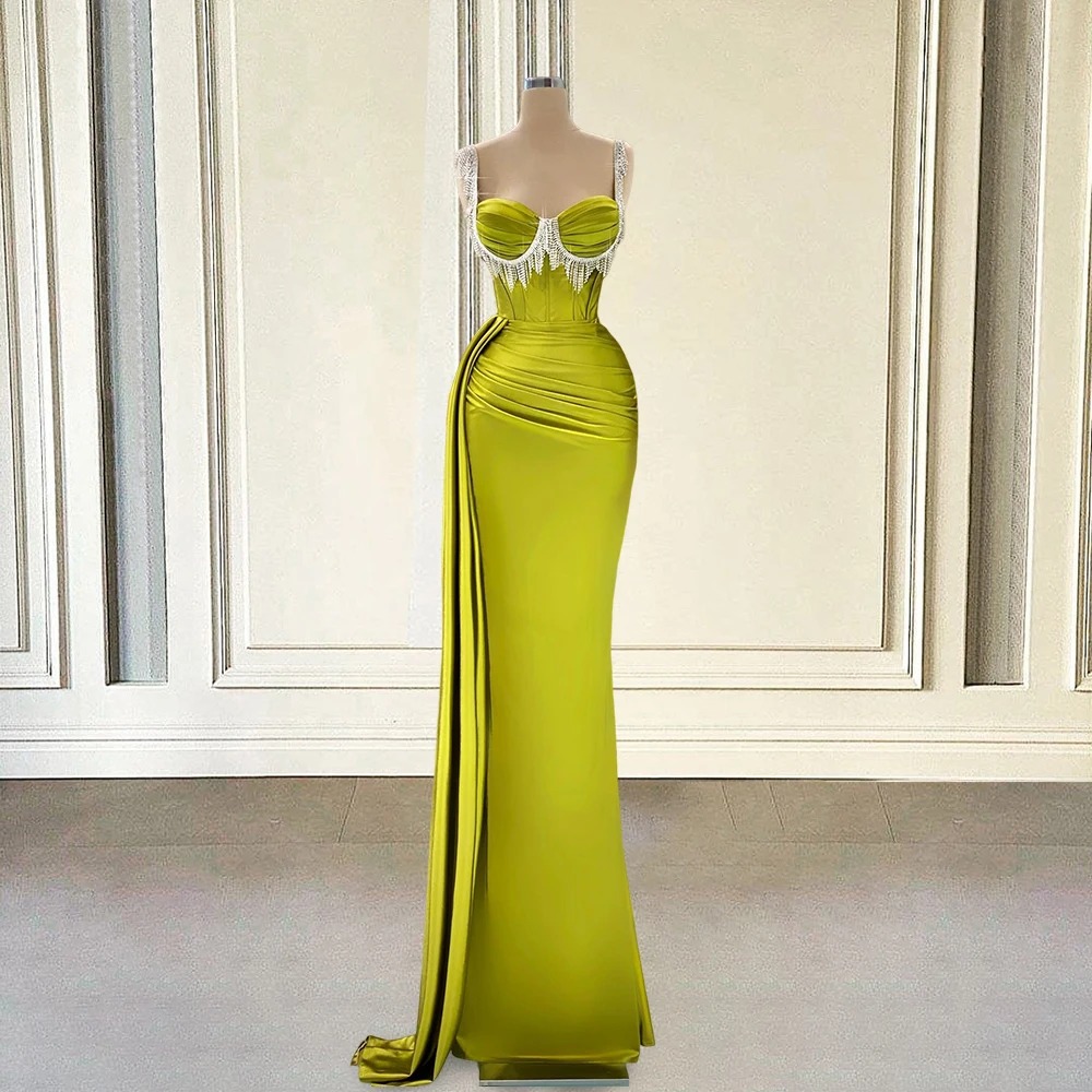 

Luxury Dubai Mermaid Green Beaded Evening Dresses Gowns 2023 Sweetheart with Straps Side Train Long Women Formal Party Dress