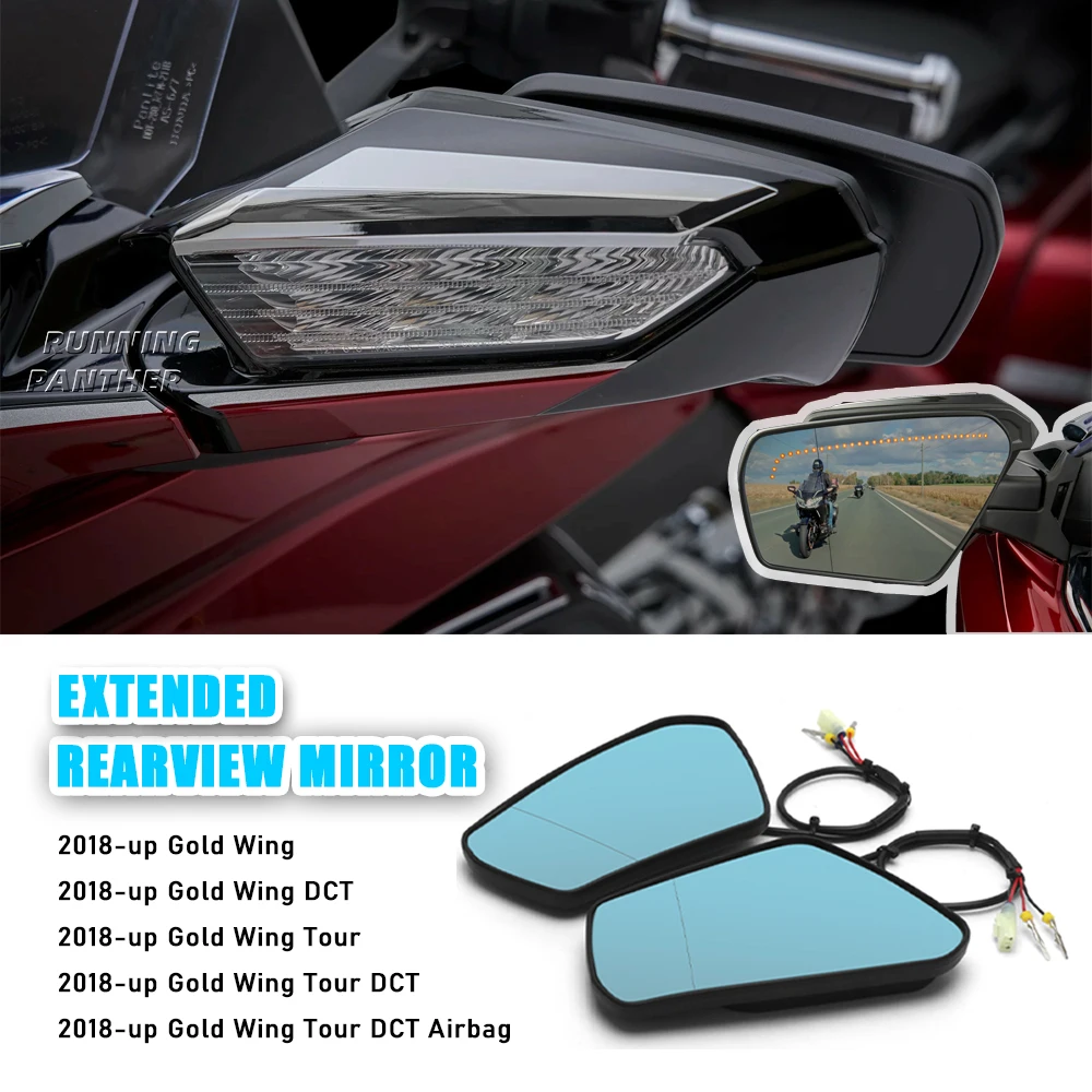 

Motorcycle Extended Convex Mirrors With Sequential Turn Signals Blue/Transparent For Honda Gold Wing Tour DCT Airbag 2018-2025