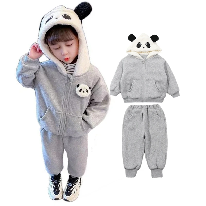 

Cute Winter Warm Panda Kids Baby Clothes Set Girls Children's Clothing Suit Fleece Panda Ear Hoodie Sweatshirt + Pants 2PCS Wear