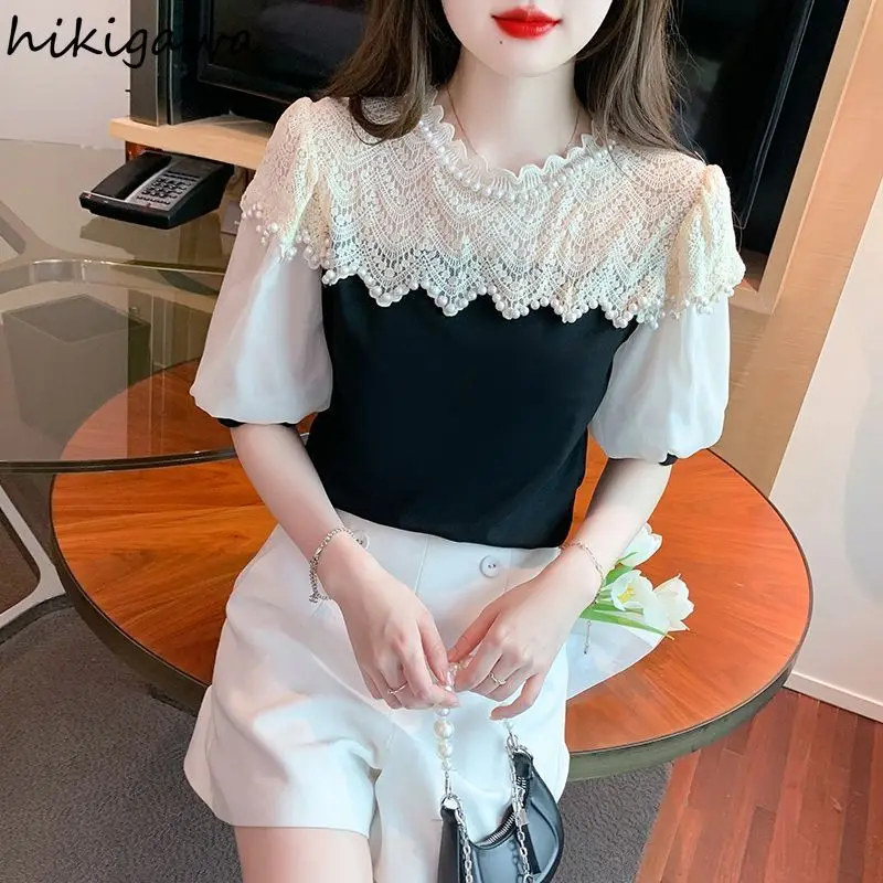 Contrast Color Blusas De Mujer Short Sleeve O-neck Blouses for Women Patchwork Lace Beading Tops Puff Sleeve Sweet Summer Shirts