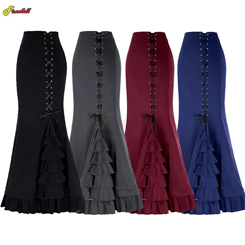 Women's Skirt Gothic Vintage Halloween Steampunk Lace-Up Tiered Ruffled Fishtail Skirt Mermaid Long Dresses Medieval Costumes