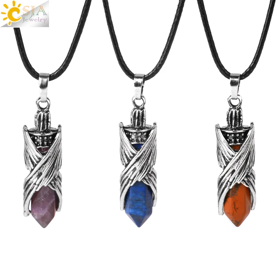 CSJA Vintage Natural Stone Hexagonal Pendant Necklaces for Man Women Angel Wings Bullet Crystal Pendants Jewelry Christmas H113