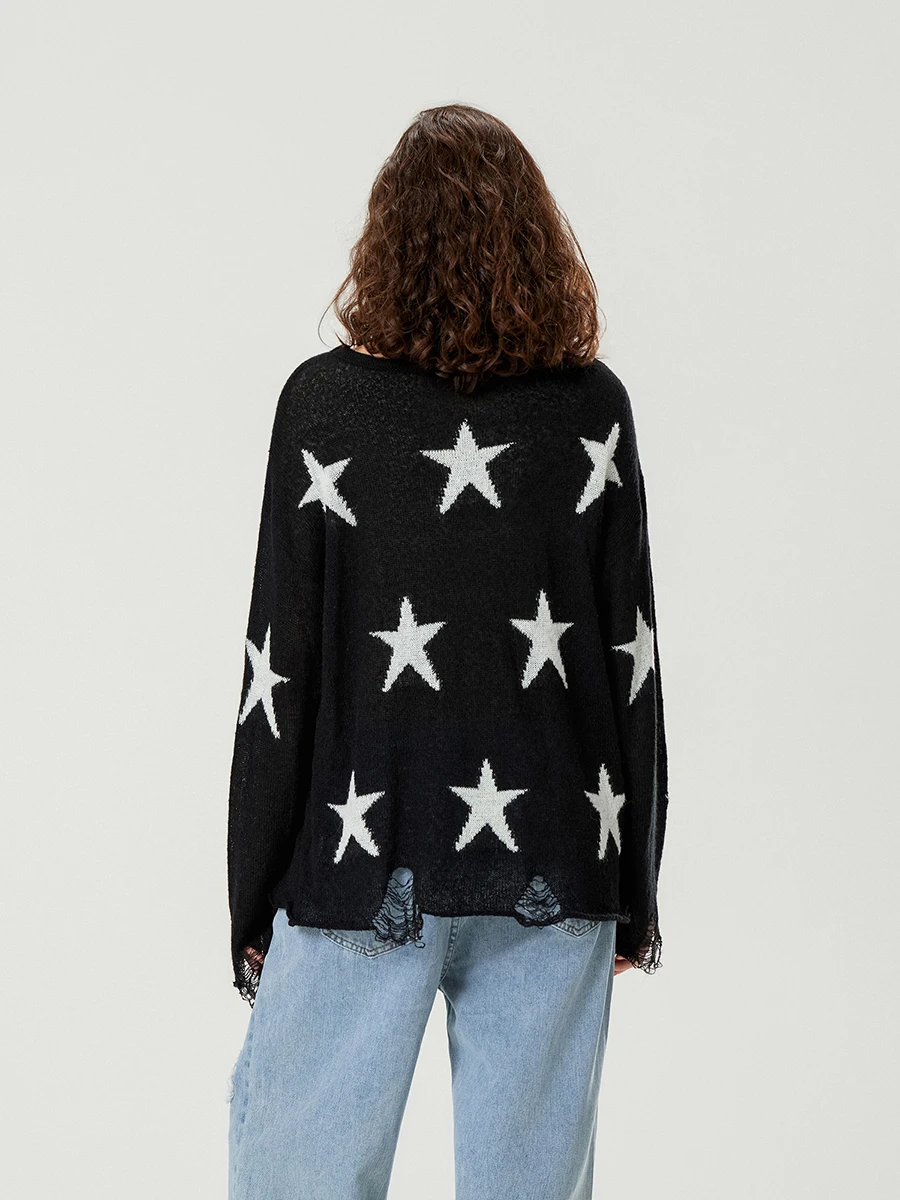 Women Knit Sweater Ripped Stars Pattern Long Sleeve Crew Neck  Pullover Autumn Winter Warm Knitted Pullovers Y2K Trashy Coat 90s