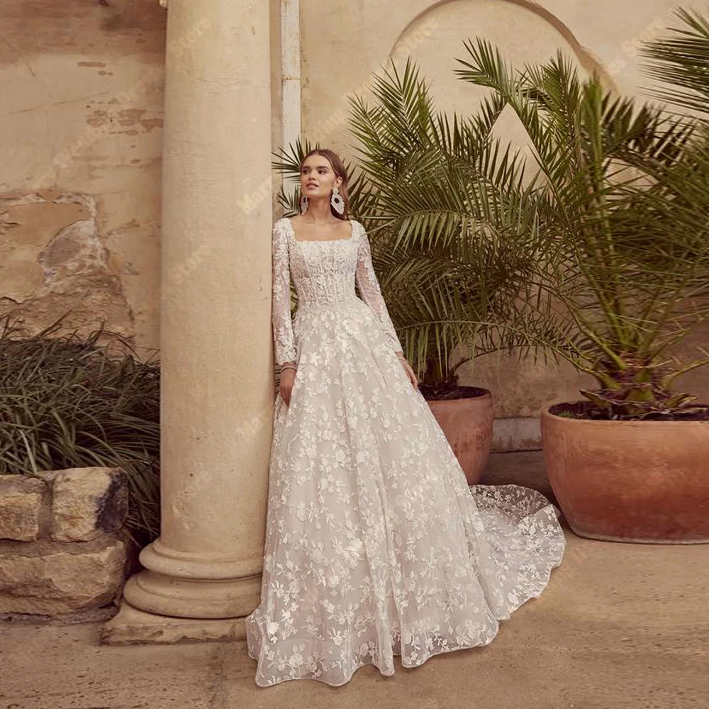 

Elegant A-Line Women Wedding Dresses Long Sleeves Lace Print Bridal Gowns Mopping Length Ball Vestidos De Novias 2026 Customized
