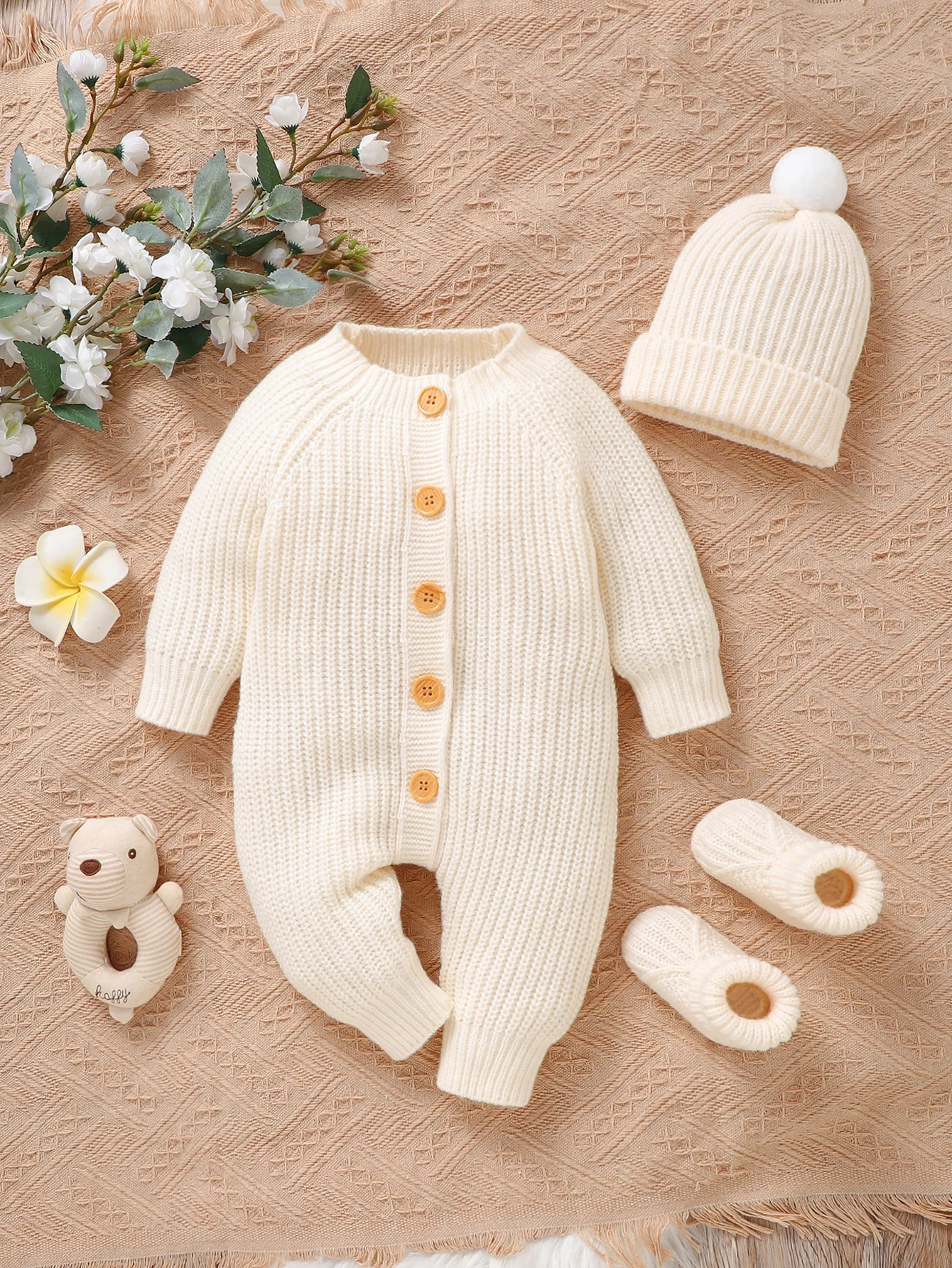 

Beige Long Sleeve Knitted Rompers+Hats+Shoes 3pcs Outfits for Newborn Boys Girls Outwear Clothes Winter Baby Outfits Sets 0-9M