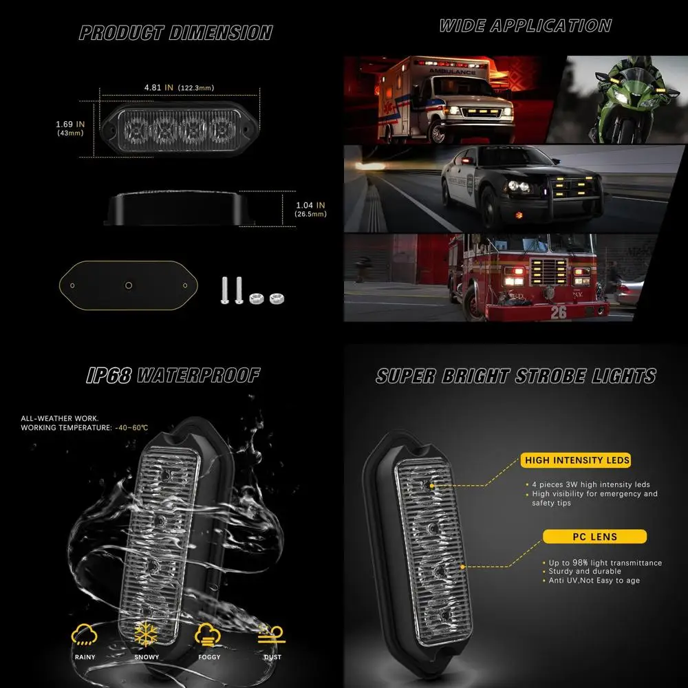 

4-LED Synchronized Amber White Strobe Lights, Aluminum Housing, Surface Mount, Emergency Warning Lights for Vehicles