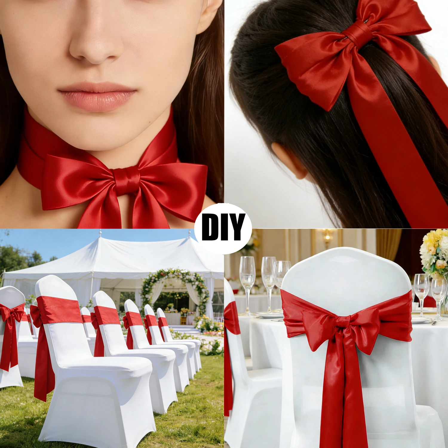 10PCS 14x275cm Satin Chair Sashes red Bows Chair Cover Ribbons for Wedding Banquet Party Baby Shower Event Decorations DIY