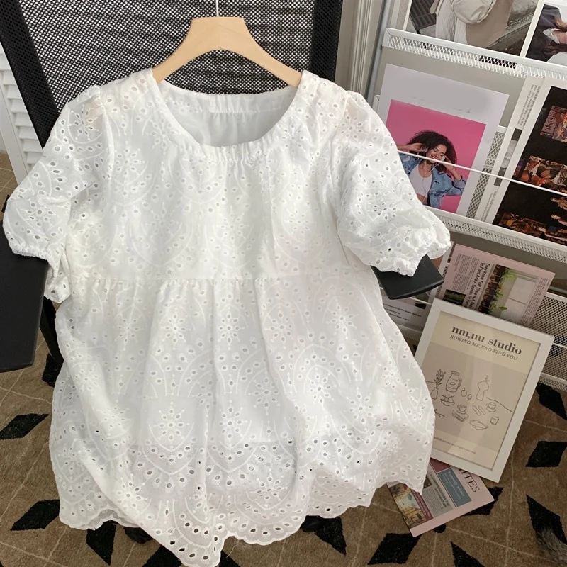 Summer Elegant Lace Women Blouse Fashion Short Sleeve Hollow Out White Embroidery Shirts Casual Loose Puff Sleeve Tops