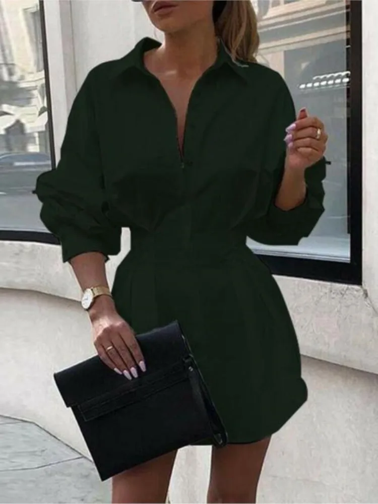 Bonito vestido camisero de estilo nuevo de primavera para mujer, camisa decorativa con botones en la cintura de Color sólido, vestido informal elegante para ir al trabajo en la oficina