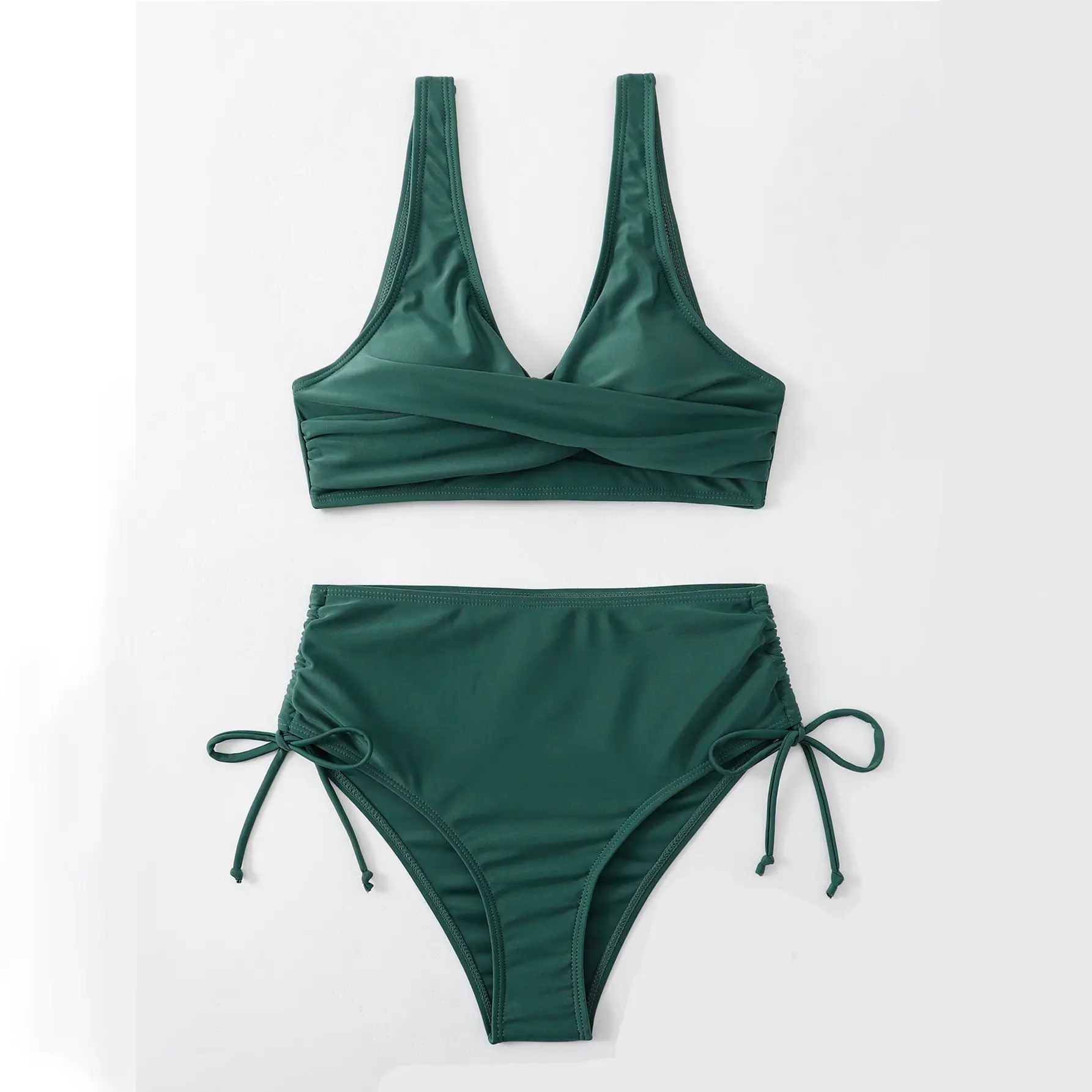 Women Solid Wrap V Neck Bikini Wide Strap Crop Top Side Drawstring High Waist Bikini Bottom Tummy Control Two Piece Bathing Suit