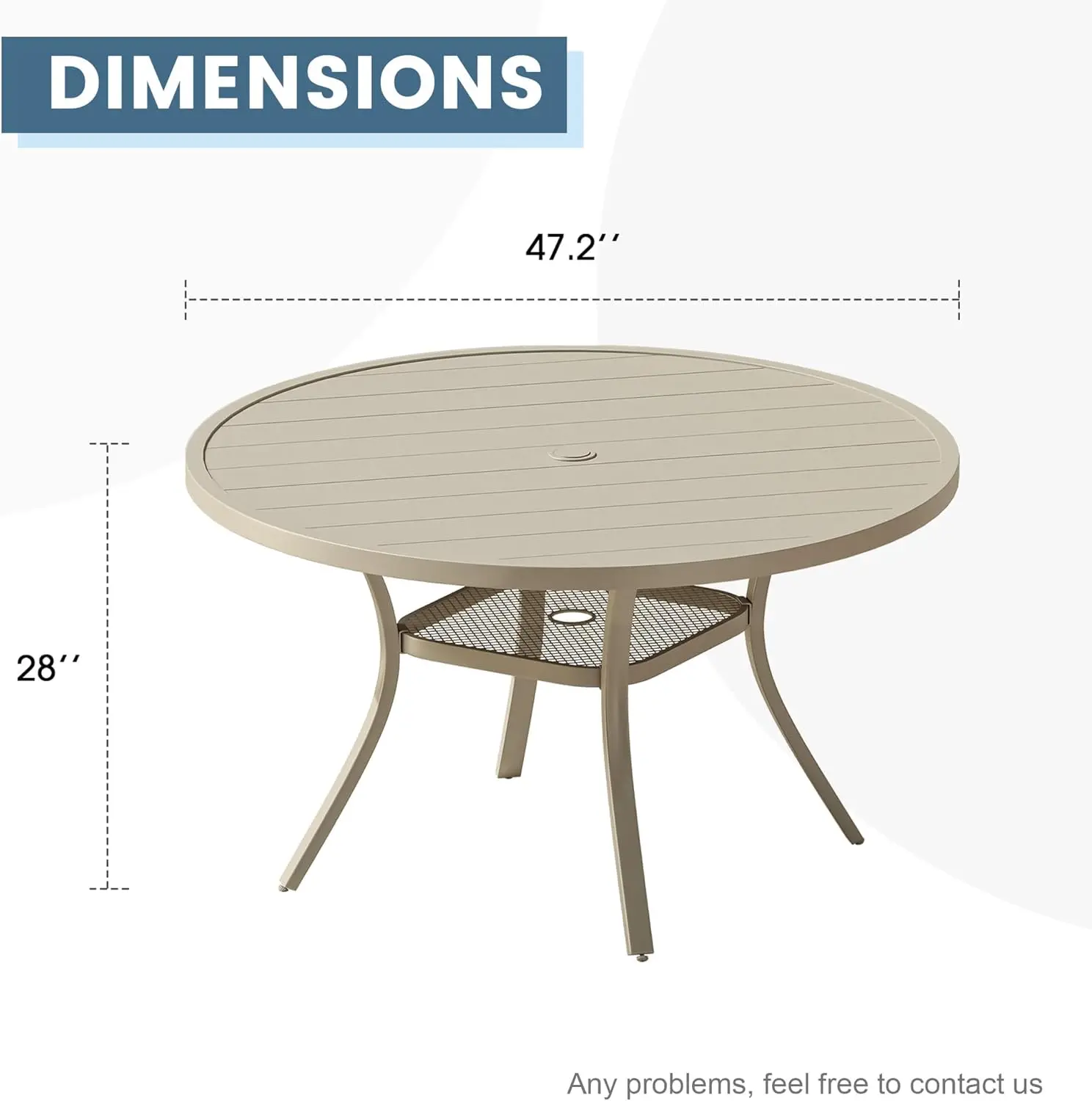 Table à manger ronde de patio de 48 po pour 6, table à manger extérieure en métal avec trou pour parasol de 1,57 po pour jardin de pelouse arrière-cour, coque de sable