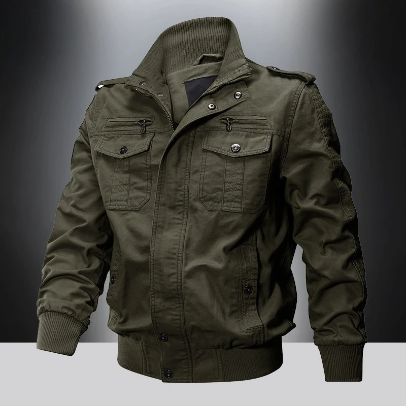 

Spring Autumn Young & Middle-aged Men's Military Tooling Style Casual Loose Solid Color Multi-Pocket Thin Cotton Jacket
