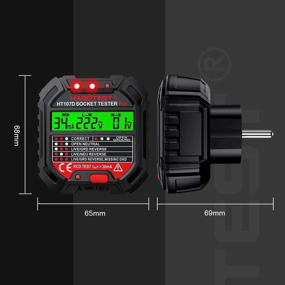 HABOTEST HT107 Pro Steckdose Tester Spannung Test Steckdose Detektor EU Stecker Boden Null Linie Stecker Polarität Phase Check – Detail 4