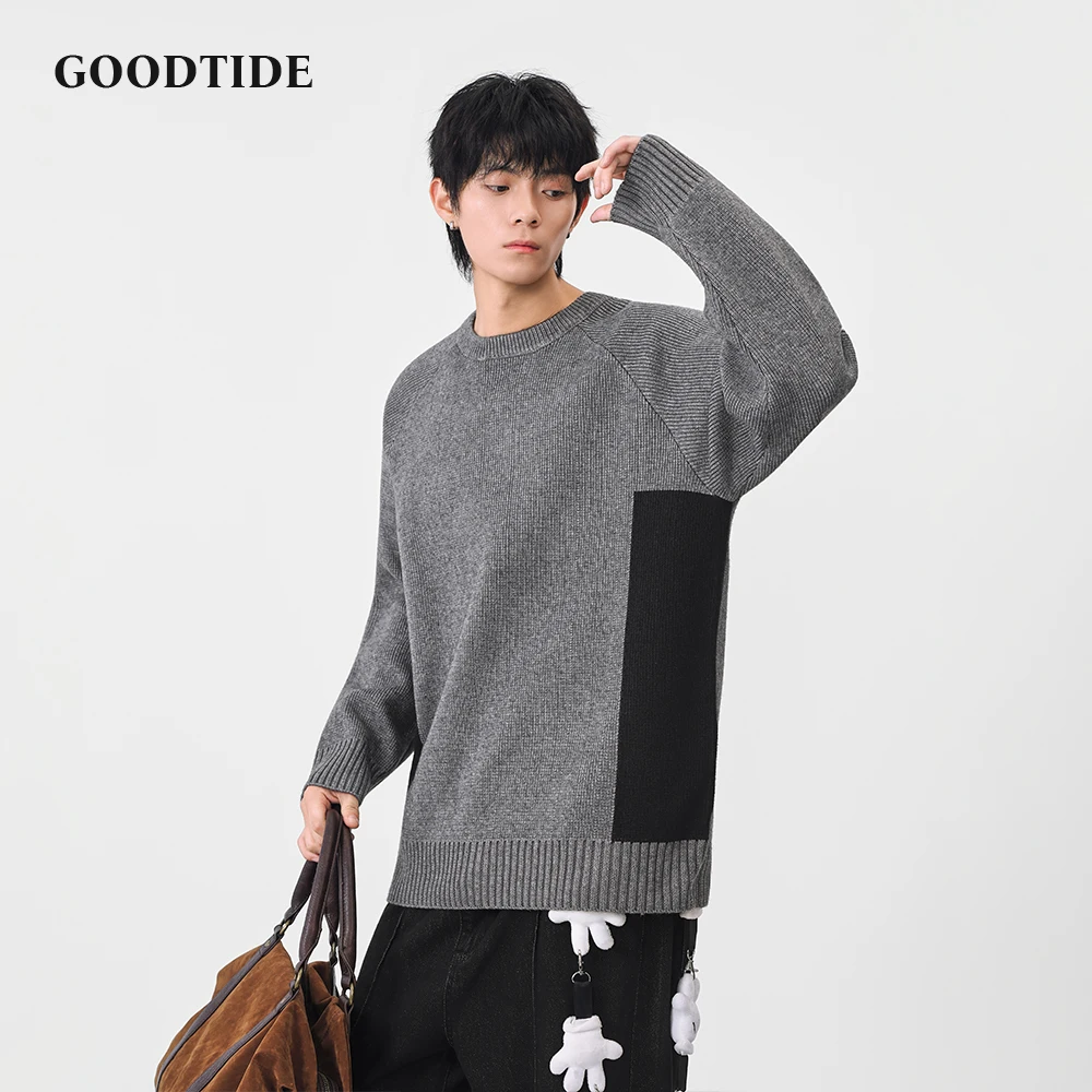 2025 Winter Fashion Men's Casual Crew Neck Sweater Contrast Panel Raglan Sleeve Knitted Pullover Soft Long Sleeve Jumper Top