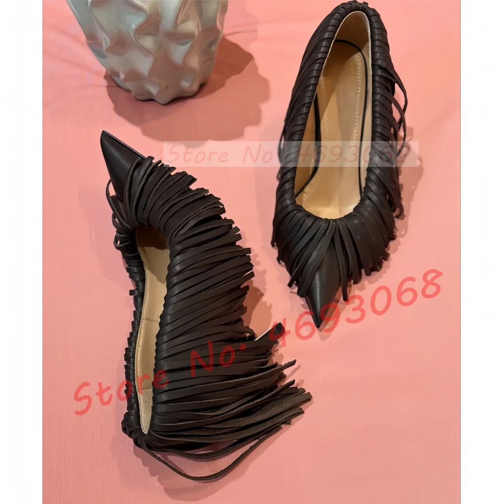 Green Sexy Fringed Pumps Women Sexy Hollow Out Pointed Toe Pumps Ladies Splicing Leather Outdoor Red Insole Shoes