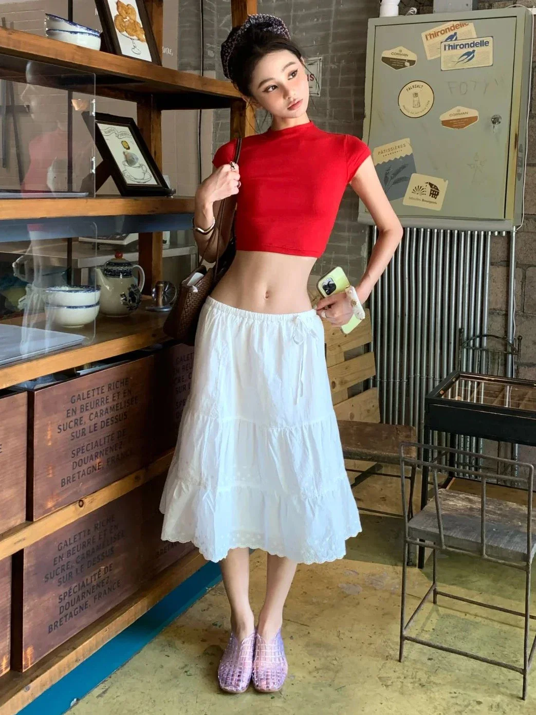 Floral Embroidery Hem Drawstring Midi Skirts Woman Autumn Low Waist A-line Lace Trim Cotton Faldas Sweet Preppy Style Skirt