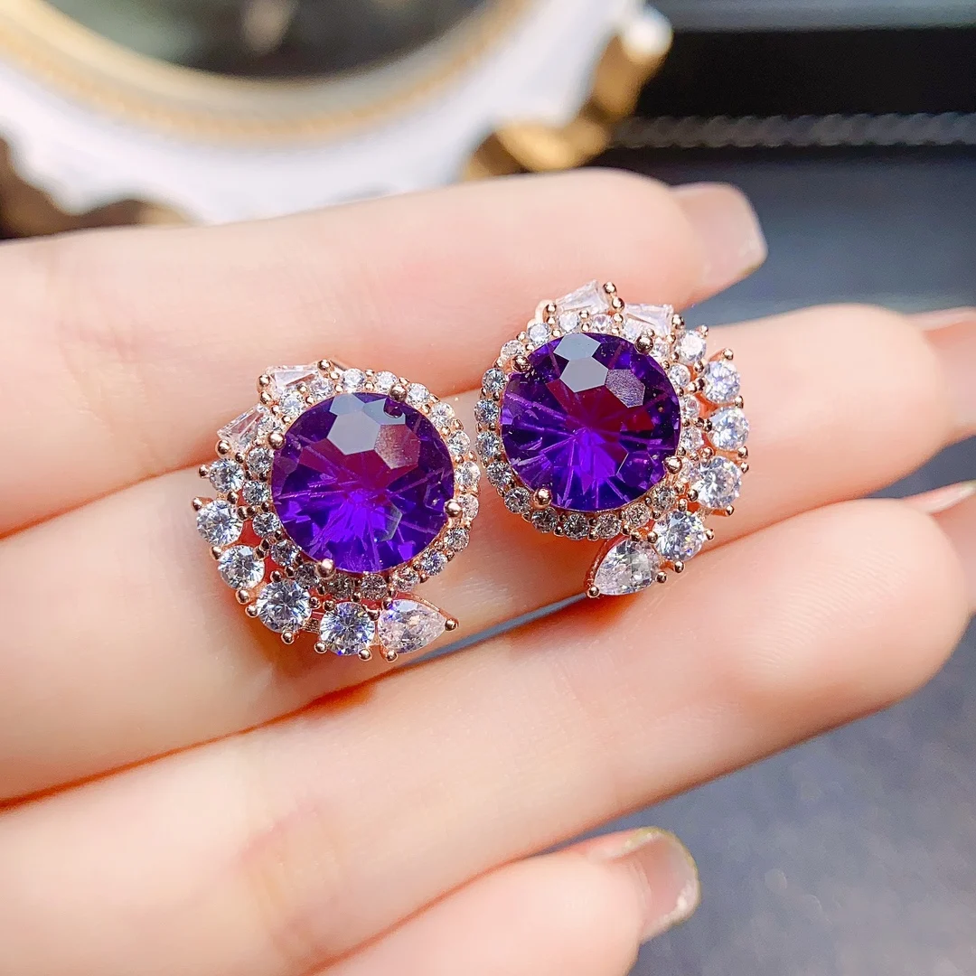 

FS 10mm Natural Amethyst S925 Sterling Silver Earrings Fine Fashion Charm Weddings Jewelry With Certificate for Women MeiBaPJ