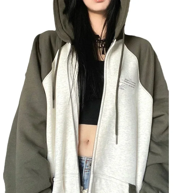

Casual Color Block Sweatshirt Women Zip Up Hoodies Cardigan Long Sleeve Hooded Sweatshirts Y2k New Letter Print Vintage Clothes