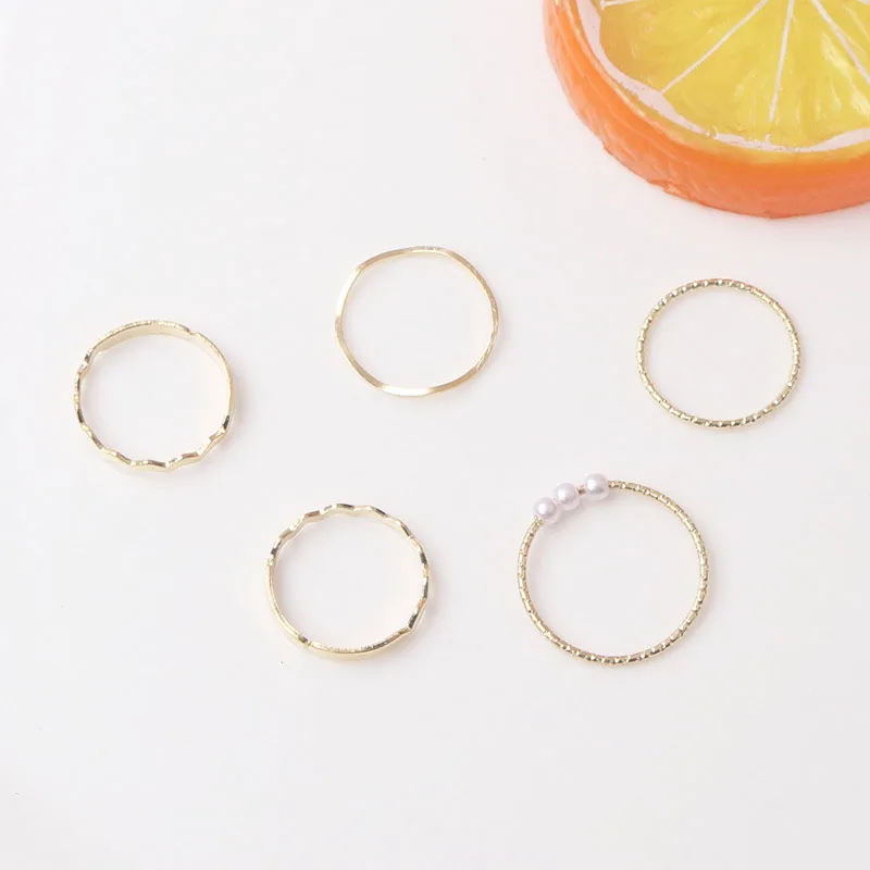 5pcs/set Women Rings Set New Boho Style Wave Shape Rings Gold Color Metal Open Rings Imitation Pearls Fingers Accessories view 3