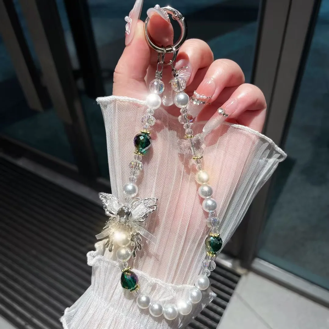 

Кружевная цепочка для телефона в виде бабочки, искусственное стекло, жемчуг, бусина, бриллиантовый кулон, чехол для телефона, подвесная веревка, короткий ремешок для ключей, очаровательный ремешок