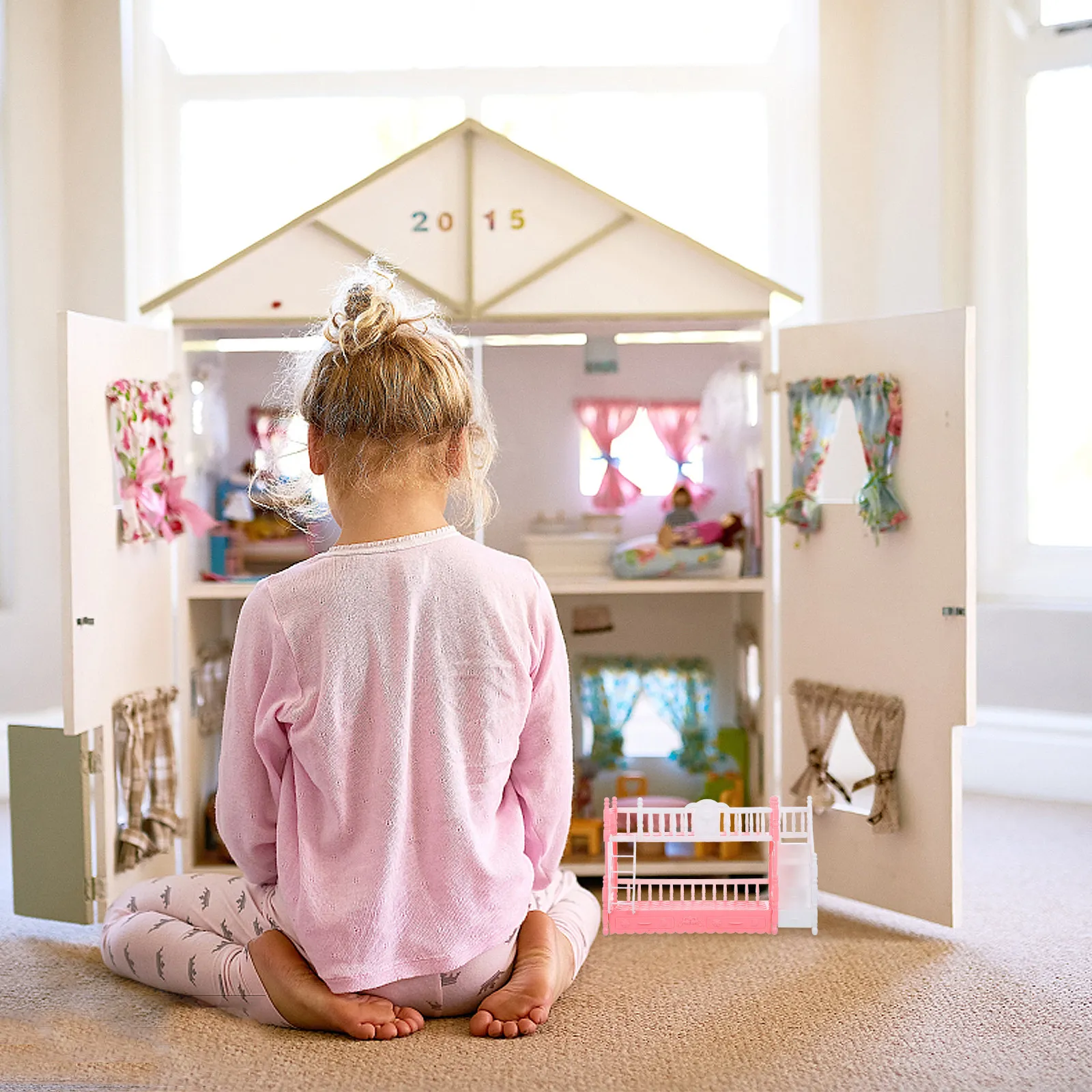 

Mini Princess Bunk Bed Lightweight Double-Deck Bed Mini House Furniture Prop Small Bedroom Accessory House Furniture
