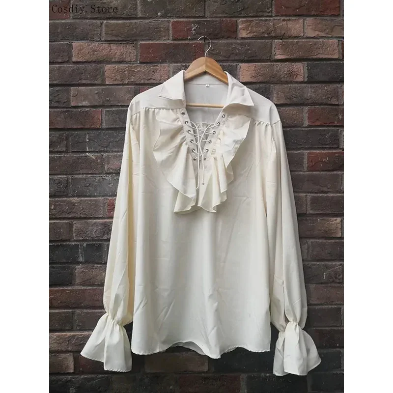 S-5XL Medieval Pirate Halloween Vampire Costume Men Ruffle Jabot Tops Gothic Shirt Lace Up Victorian Colonial Outfit For Ad MN1