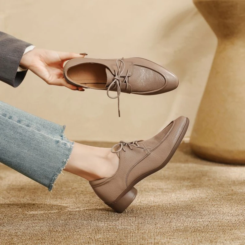 NEW Spring/Autumn Women Loafers Genuine Leather Shoes for Women Round Toe Chunky Heel Shoes Soft Lace-up Women Pumps Daily Shoes