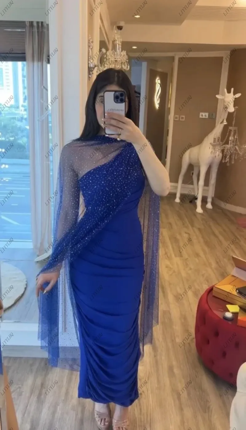 LIYYLHQ Royal Blue Saudi Arabic Evening Dresses With Cape Sequined Pleat Ruched Dubai Women Prom Dress Formal Party Gowns Custom