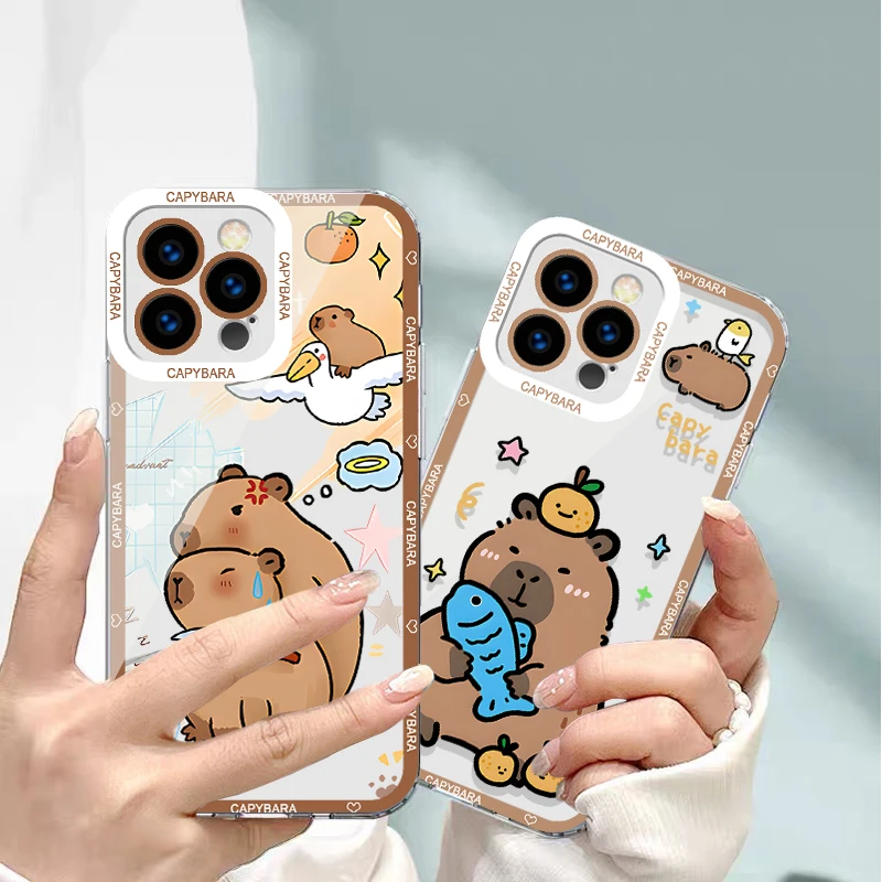 For IPhone 11 12 13 14 15 16 Pro Plus Max mini X XS Max XR Angel Eye Transparent Shell Cartoon Cute Capibala