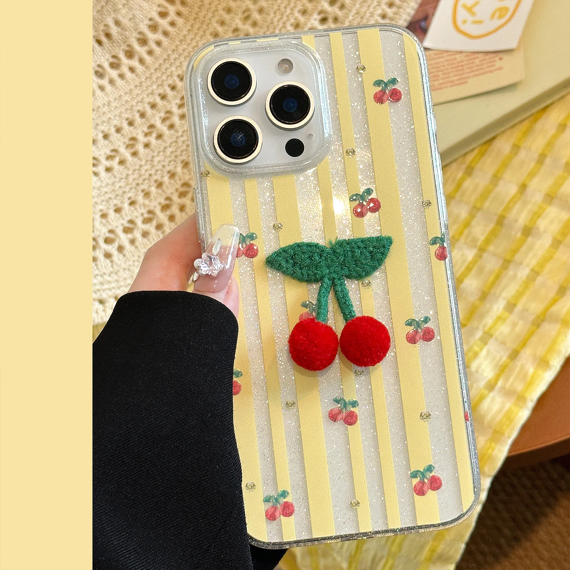 Korean Striped Glitter 3D Cherry Soft Phone Case With Lanyard For iPhone 16 15 14 12 13 11 Pro Max Shockproof Protective Cover view 5